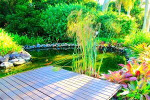 Holzsteg und runder Teich im Garten