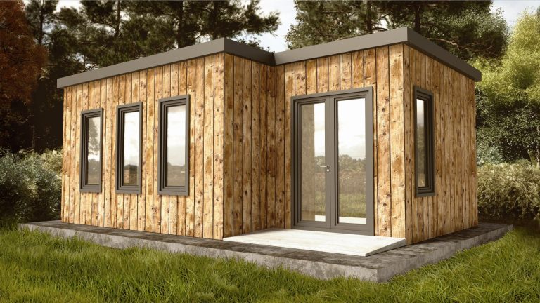 Modernes Flachdach-Gartenhaus aus Holz.